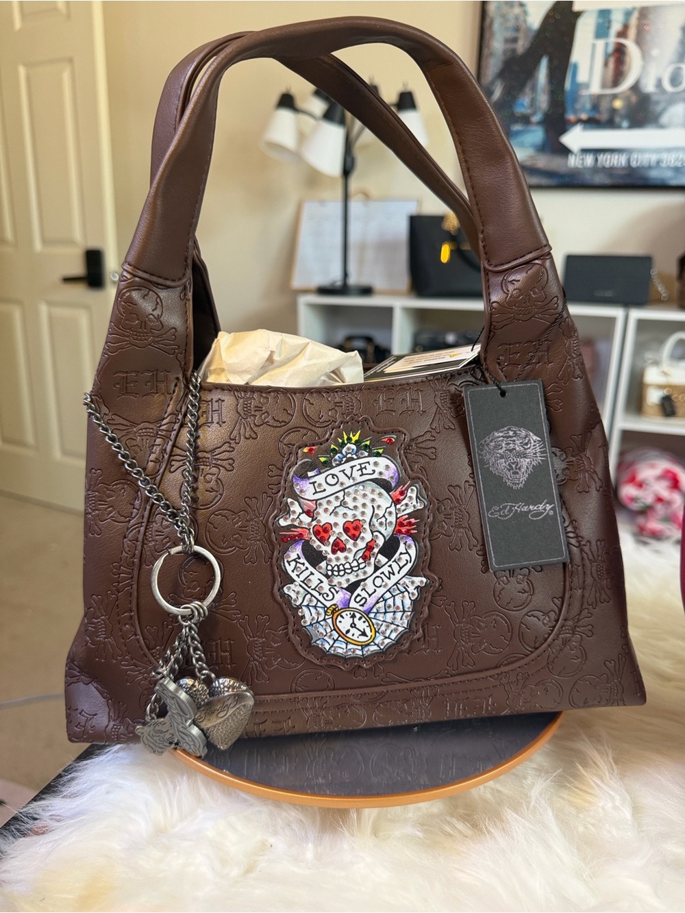 Ed Hardy Brown Embossed Shoulder Bag with Skull Crest and Charm